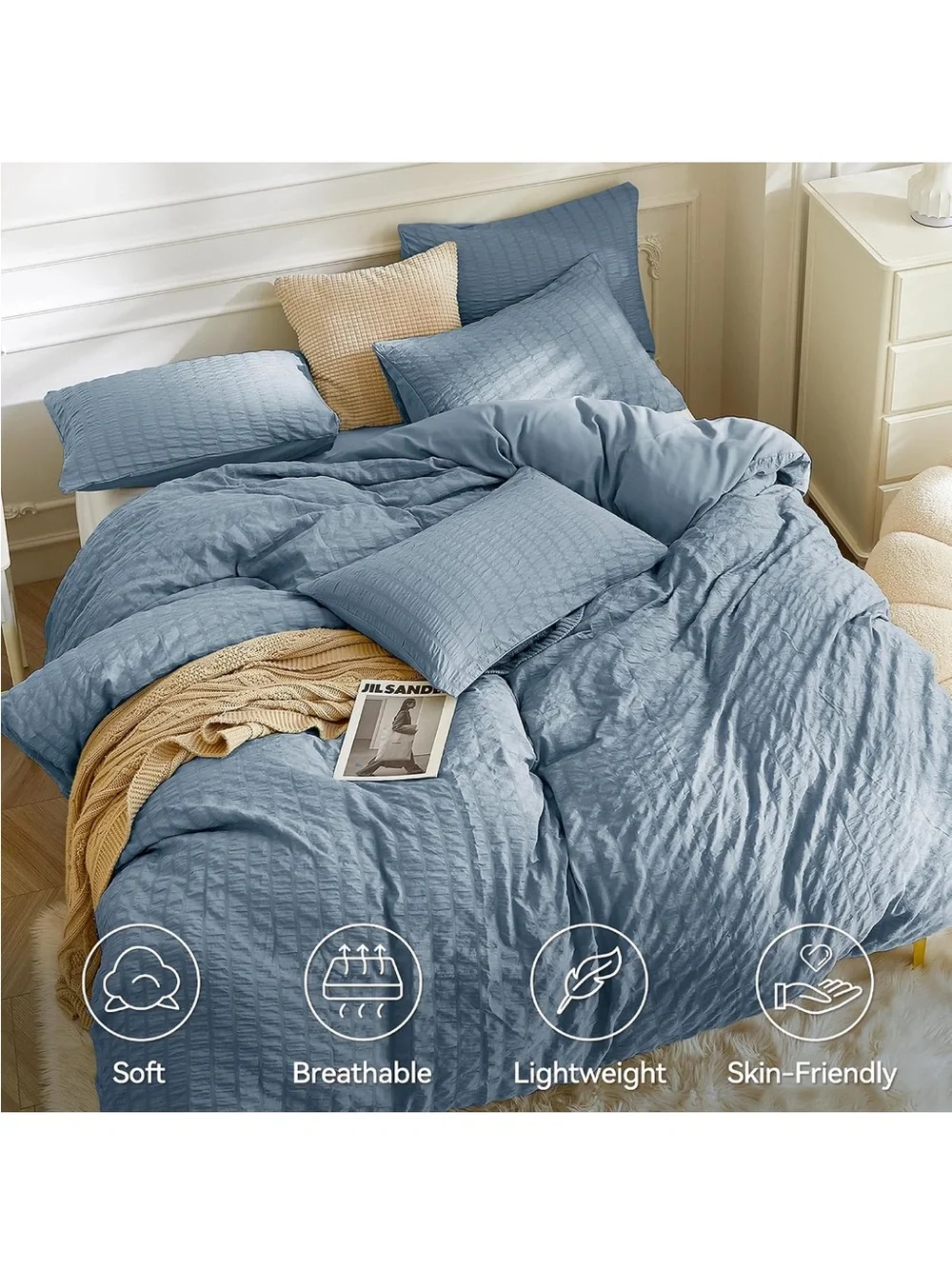 NEW JELLYMONI Sierra Blue Seersucker Duvet Cover Set. Breathable w/Zipper. Queen